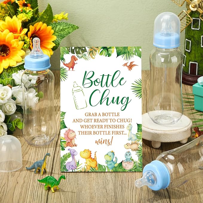 TrelaCo Dinosaur Cool Baby Shower Games Bottle Chug Sign Wooden Green Leaf Gift - Image 2
