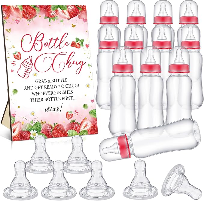 TrelaCo Cool Baby Shower Games Wooden Bottle Chug Sign Strawberry Theme Gift by TrelaCo