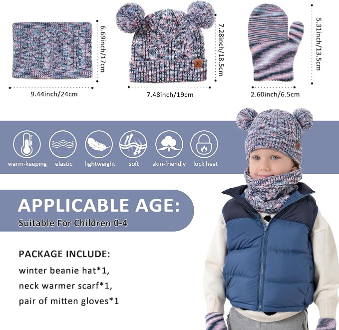 Kids Toddlers Winter Beanie Hats Gloves Neck Scarf Set Mittens Gifts - Image 5