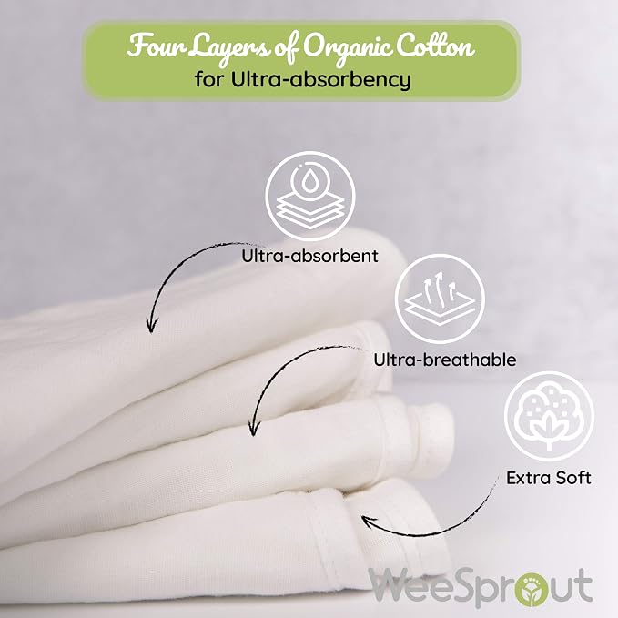 WeeSprout Unisex Organic Towel Cotton Burp Cloths, Four Ultra-Absorbent Layers - Image 6