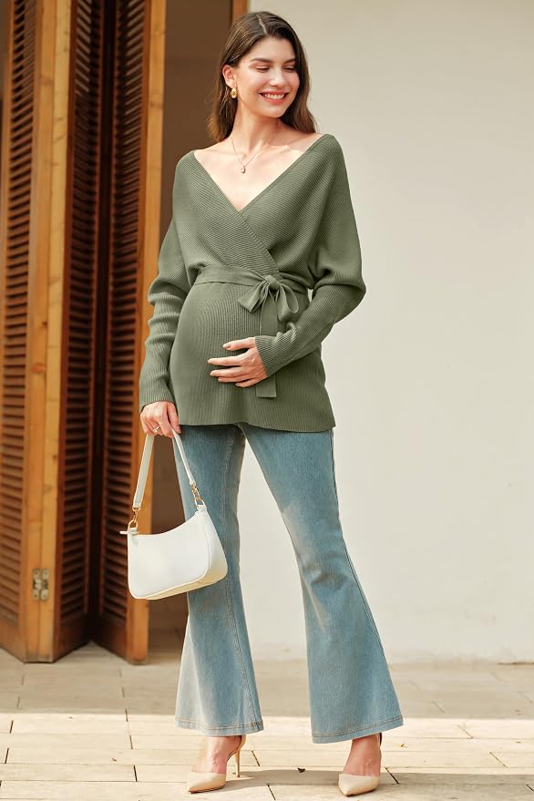 OUGES Womens Soft Cotton Blend Maternity Sweater Wrap V Neck Long Sleeve V Back - Image 6