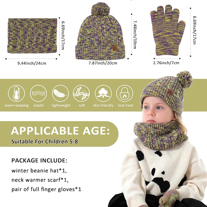 Kids Toddlers Winter Beanie Hats Gloves Neck Scarf Set Mittens Gifts - Image 6