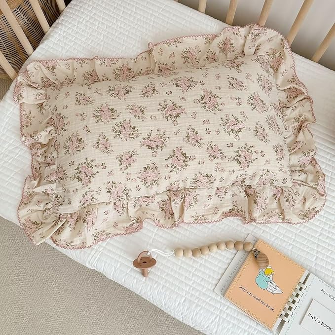 BuLuTu Muslin Cotton Toddler Pillowcases 14"x20", Shabby Chic Pink Floral Kids by BuLuTu