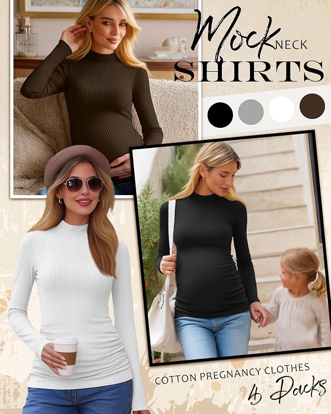 4 Packs Womens Maternity Shirts Long Sleeve Cotton Ribbed Pregnancy Mock Neck - Image 3