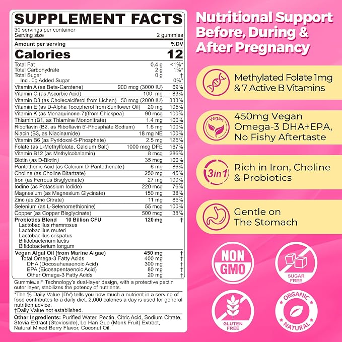 Prenatal Multivitamin Gummy for Women w/Methylfolate 1mg, Iron Choline Omega-3 - Image 2