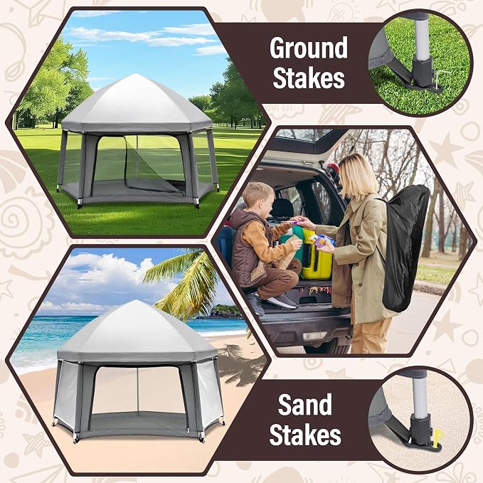 Baby Playpen with Self-Inflating Play Mat & Travel Bag, Portable Outdoor Playpen - Image 5
