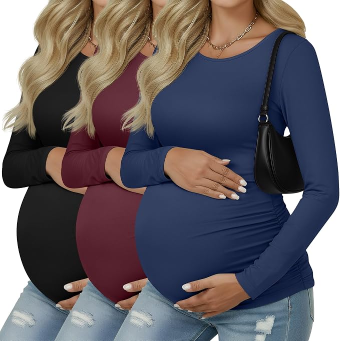 Ficerd 3 Pack Women's Maternity Shirts, Long Sleeve Side Ruched Pregnancy Tee by Ficerd