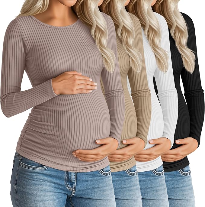 Huukeay 4 Pack Women's Maternity Shirts, Long Sleeve Cotton Ribbed Pregnancy by Huukeay