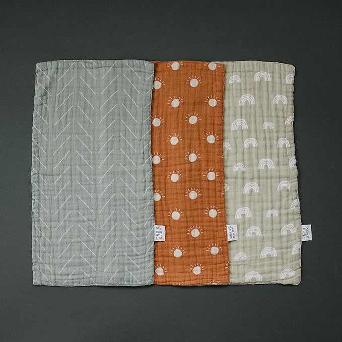 Mebie Baby Burp Cloths, Neutral Print 3-Pack, Muslin Burp Cloth Set - Image 2