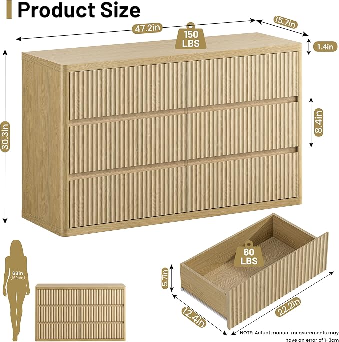 Natural 6 Drawers Dresser for Bedroom, Handleless, Modern Fluted Dresser TV - Image 2
