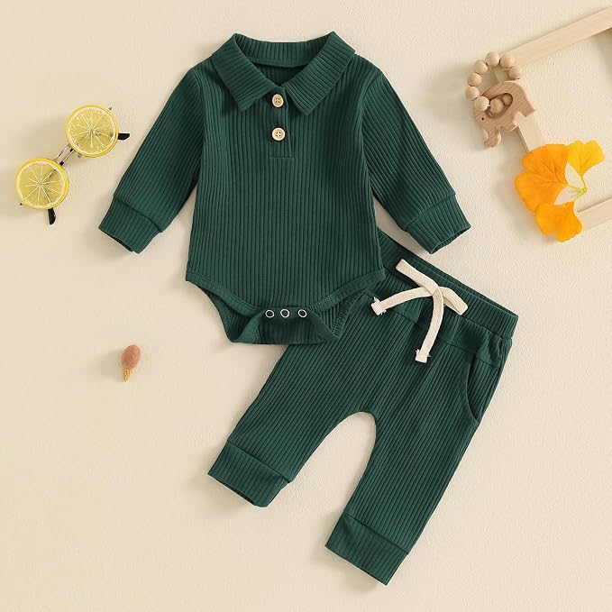 Newborn Baby Boy Girl Clothes Ribbed Knitted Long Sleeve Romper Pants Solid - Image 2