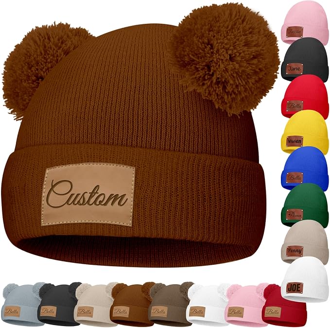Custom Baby Beanies Personalized Toddler Winter Hats Name Leather Patch Kids by Unknown
