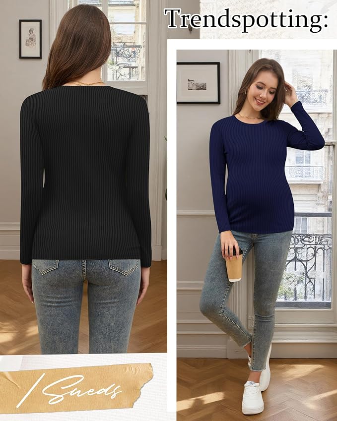 Riyiper 3 Pack Women's Maternity Shirts Long Sleeve Ribbed Knit Pregnancy Tees - Image 4