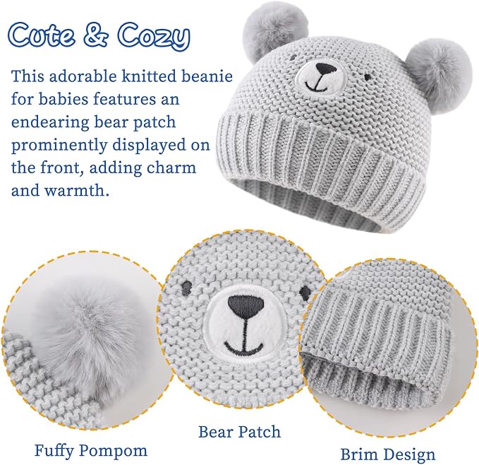 JANGANNSA Cute Bear Baby Beanie Pompom Baby Boys Hat Infant Toddler Winter - Image 3