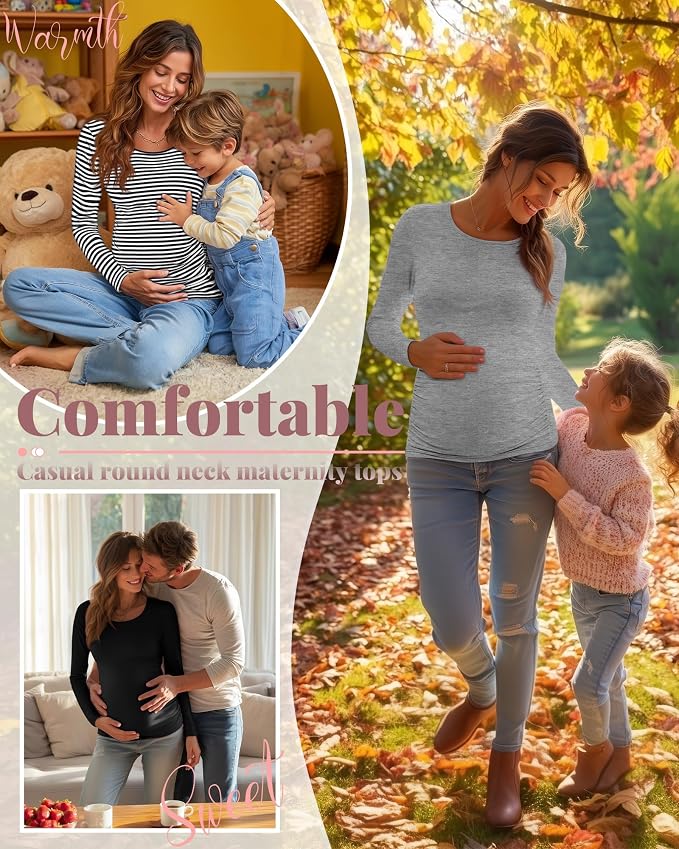 Ficerd 3 Pack Women's Maternity Shirts, Long Sleeve Side Ruched Pregnancy Tee - Image 4