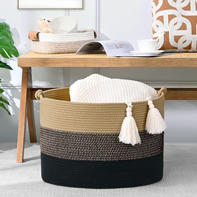 67L Large Blanket Basket, Cotton Rope Blanket Basket Living Room, Baby Laundry - Image 3