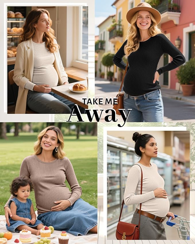 Riyiper 3 Pack Women's Maternity Shirts Long Sleeve Ribbed Knit Pregnancy Tees - Image 5