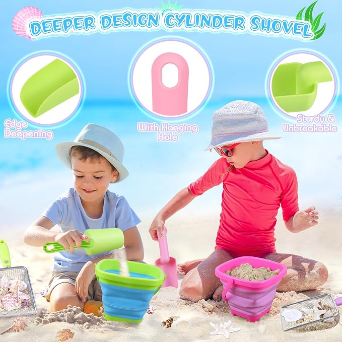 Beach Toys, Sand Toys with 2 Collapsible Beach Bucket and Beach Mesh Shovel - Image 4