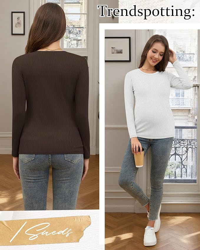 Riyiper 3 Pack Women's Maternity Shirts Long Sleeve Ribbed Knit Pregnancy Tees - Image 4