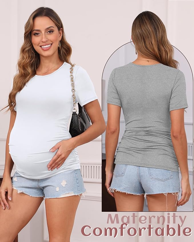 Huukeay 4 Pack Women's Maternity Shirts, Crew Neck Maternity Top Short Sleeve - Image 2
