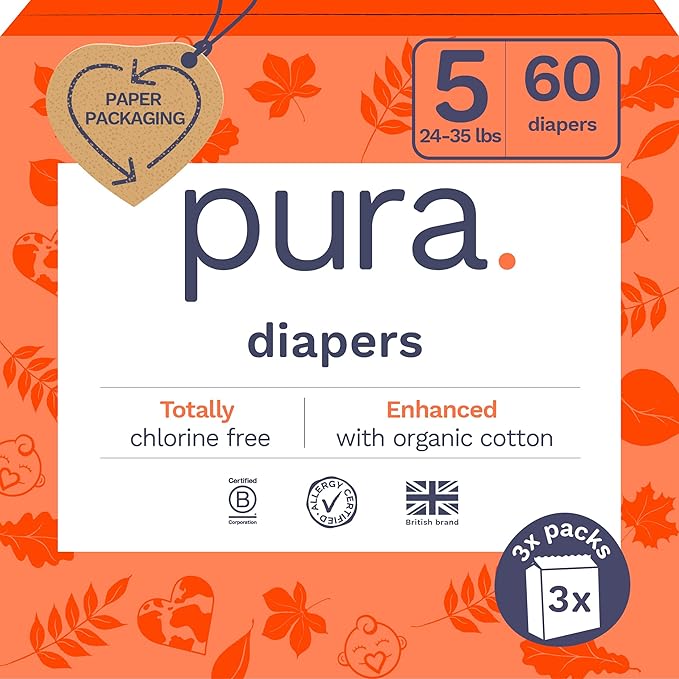 Pura Size 5 Eco-Friendly Diapers Totally Chlorine Free Hypoallergenic, Soft by MyPura