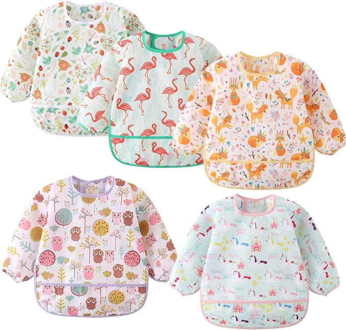 5 Pack Long Sleeve Bib, Baby Toddler Waterproof Sleeved Bib by ElecMotive