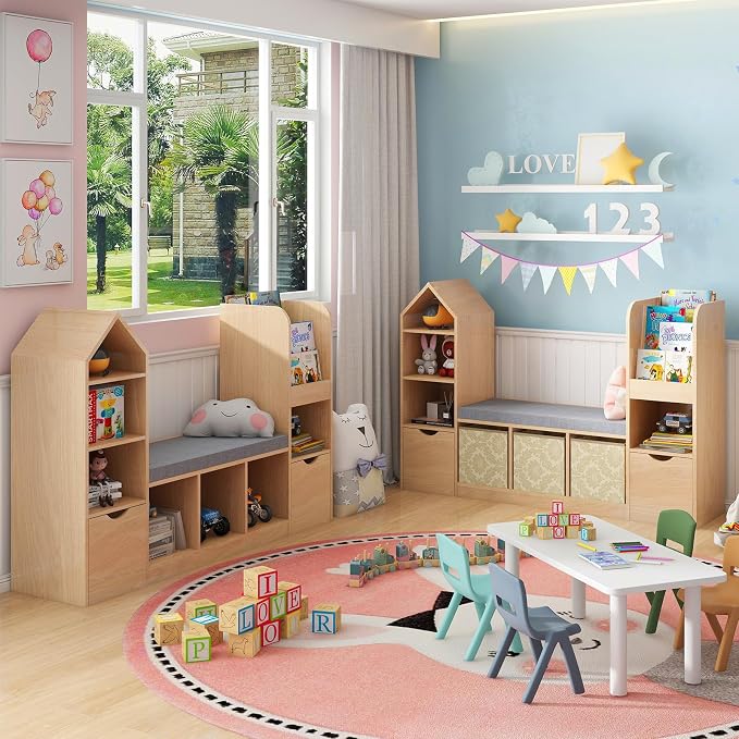 Vabches Kids Bookcase with Reading Nook, Oak Bookshelf with 7 Storage Cubbies & - Image 6
