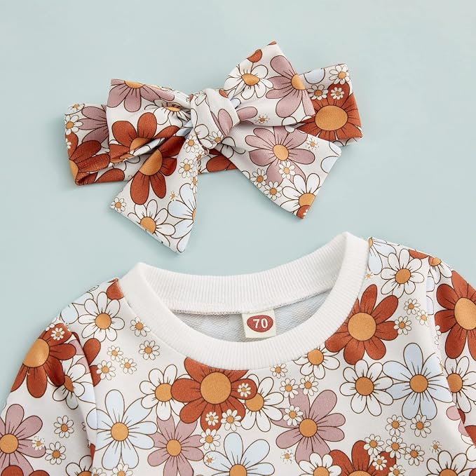 3Pcs Baby Girl Outfits Daisy Sweatshirt + Pants + Headband Infant Fall Winter - Image 2