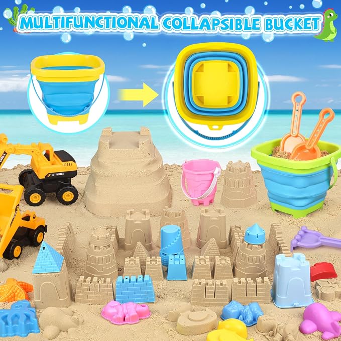 Beach Toys, 3 Collapsible Beach Bucket, Sand Castle Building Kit, Sand Molds - Image 4