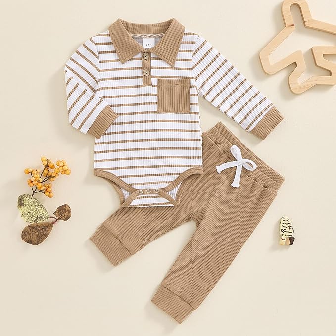 Newborn Baby Boy Girl Clothes Ribbed Knitted Long Sleeve Romper Pants Solid - Image 2