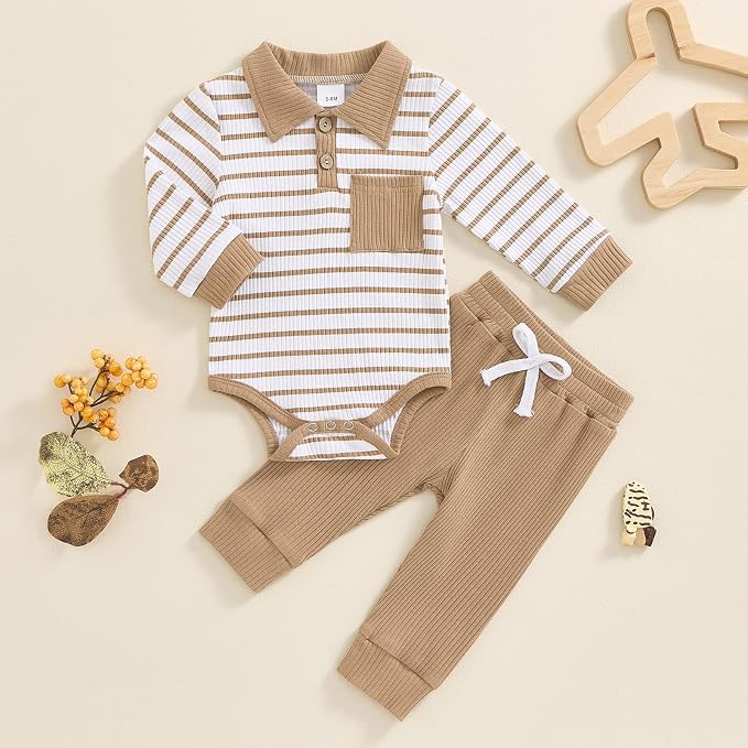 Newborn Baby Boy Girl Clothes Ribbed Knitted Long Sleeve Romper Pants Solid - Image 2