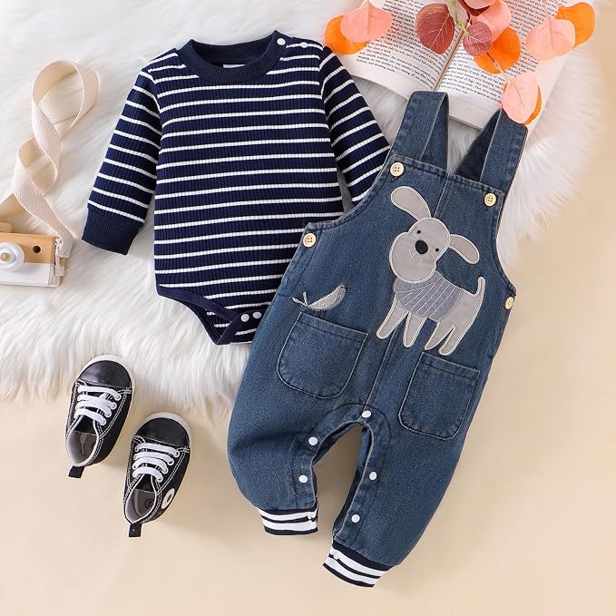 Baby Boy Clothes Fall Winter Outfits Long Sleeve Striped Romper Cute Cartoon - Image 2