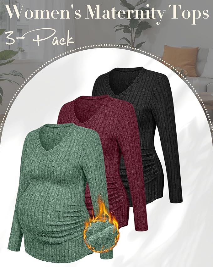 Ficerd 3 Pack Women's Maternity Shirts Ribbed Long Sleeve Pregnancy Tops V Neck - Image 3