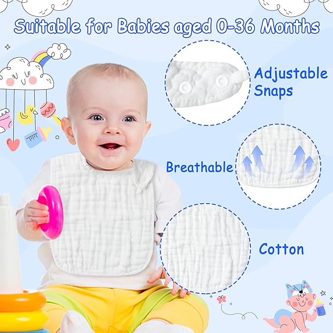 Zainpe 6Pcs Snap Muslin Cotton Baby Bibs White Adjustable Drool Bib - Image 3