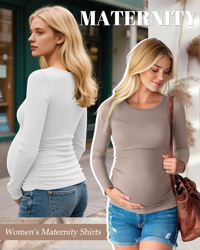 Huukeay 4 Pack Women's Maternity Shirts, Long Sleeve Cotton Ribbed Pregnancy - Image 2