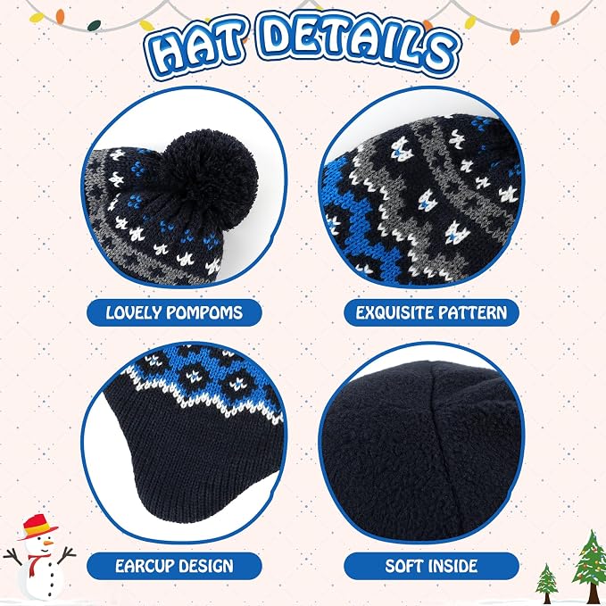 Duoyeree Kids Beanie Hat for Boys Girls Pom-pom Kint Hats Cozy Lining Winter - Image 4