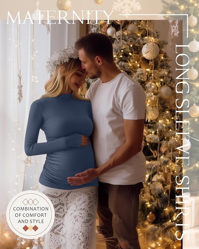 4 Packs Womens Maternity Shirts Long Sleeve Cotton Ribbed Pregnancy Mock Neck - Image 4