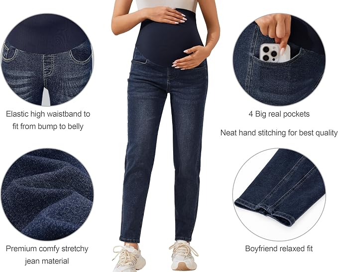 POSHGLAM Women's Maternity Jeans Over Belly Comfy Stretch 28'' Boyfriend Jeans - Image 2