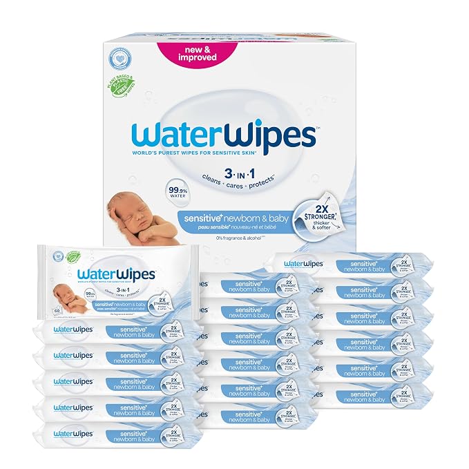 WaterWipes Sensitive+ Newborn & Baby Wipes, 3-In-1 Cleans, 99.9% Water by WaterWipes