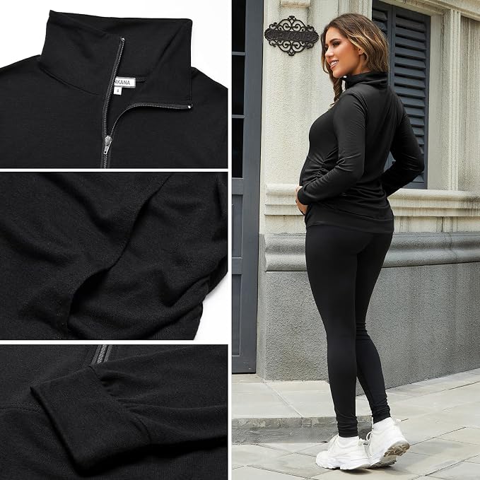 GINKANA Maternity Women's Long Sleeve Shirt Half Zipper Lapel Lightweight - Image 6