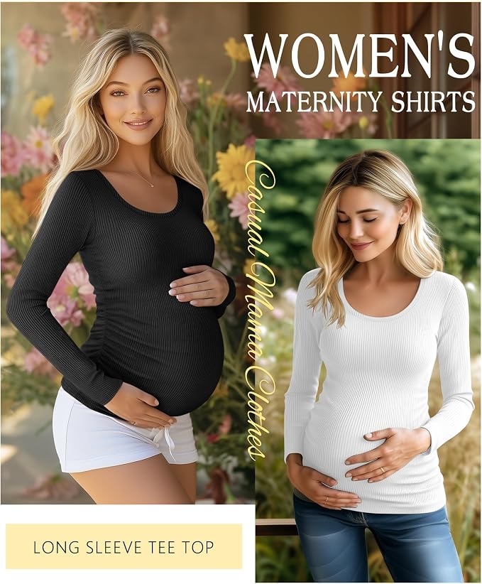 Riyiper 4 Pack Women's Maternity Shirts, Long Sleeve Cotton Ribbed Pregnancy - Image 3