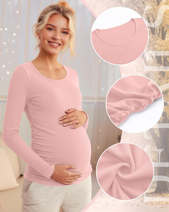 Riyiper 4 Pack Women's Maternity Shirts, Long Sleeve Cotton Ribbed Pregnancy - Image 5