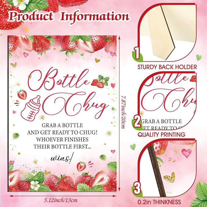 TrelaCo Cool Baby Shower Games Wooden Bottle Chug Sign Strawberry Theme Gift - Image 4