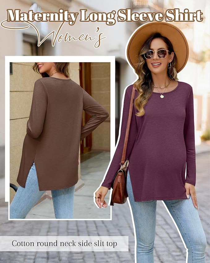 Riyiper 3 Pack Women's Maternity Long Sleeve T-Shirts Round Neck Side Split - Image 5
