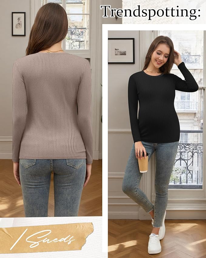 Riyiper 3 Pack Women's Maternity Shirts Long Sleeve Ribbed Knit Pregnancy Tees - Image 4