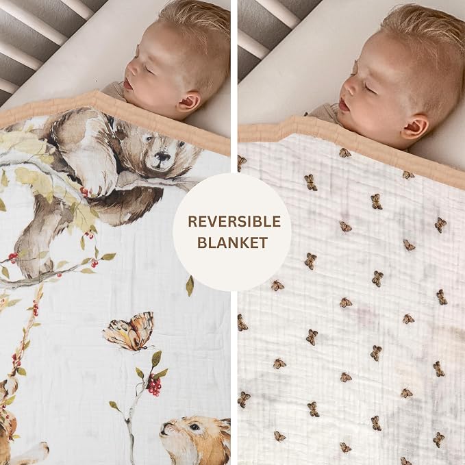 Baby Muslin Woodland Blanket – Reversible Cotton Muslin Baby Quilt, 48x48 - Image 6