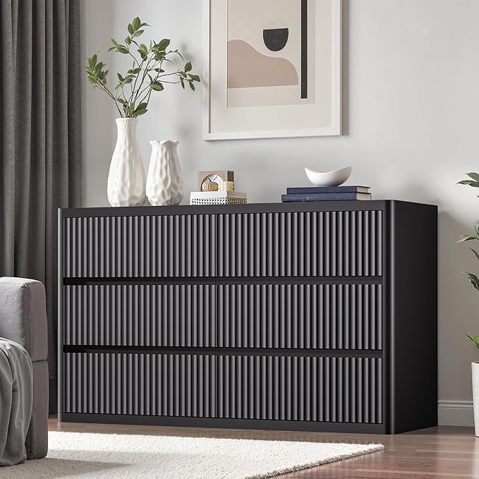 Black Dresser for Bedroom with 6 Double Drawers, Modern Fluted Dresser TV Stand - Image 4