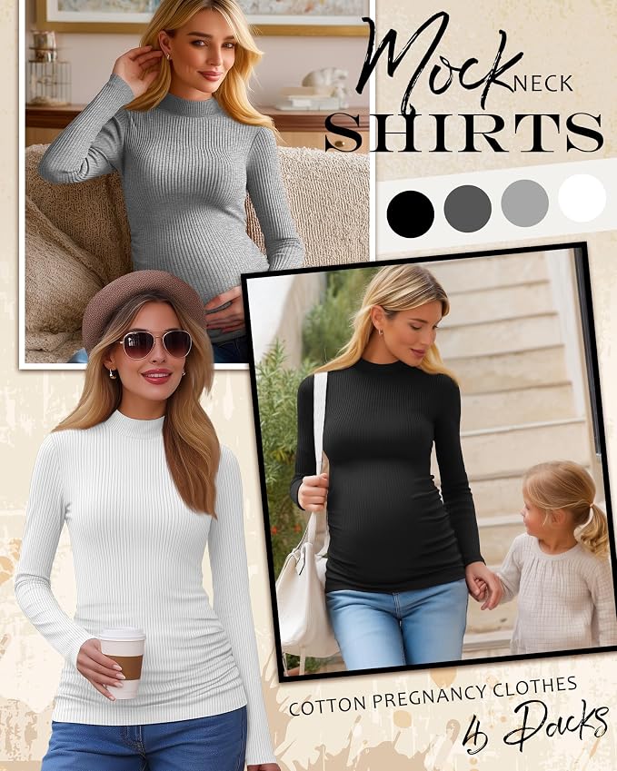 4 Packs Womens Maternity Shirts Long Sleeve Cotton Ribbed Pregnancy Mock Neck - Image 3