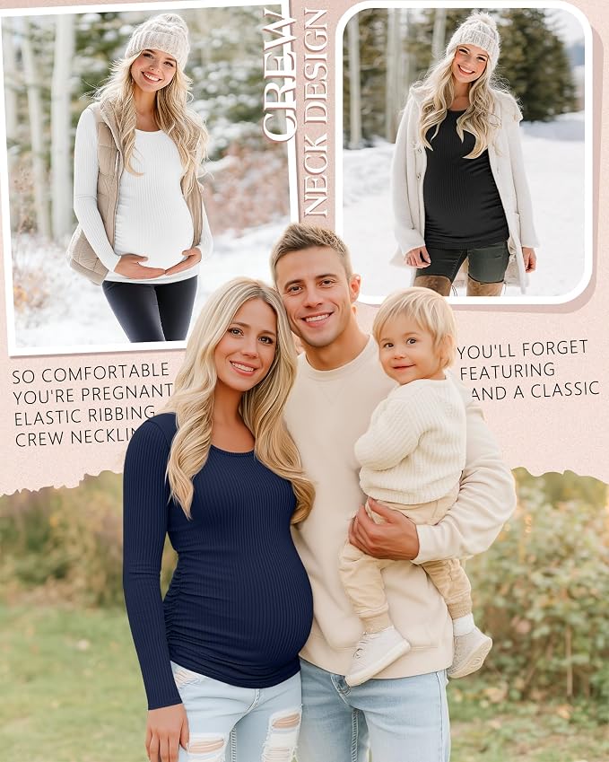 Riyiper 4 Pack Women's Maternity Shirts, Long Sleeve Cotton Ribbed Pregnancy - Image 4