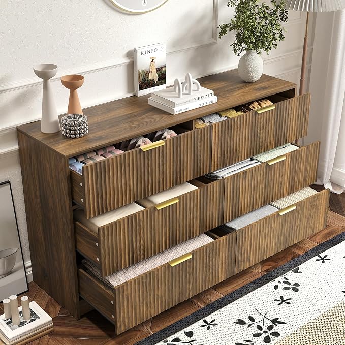 6 Drawers Fluted Dresser for Bedroom, Large Floor Chest of Drawers, Modern Long - Image 6